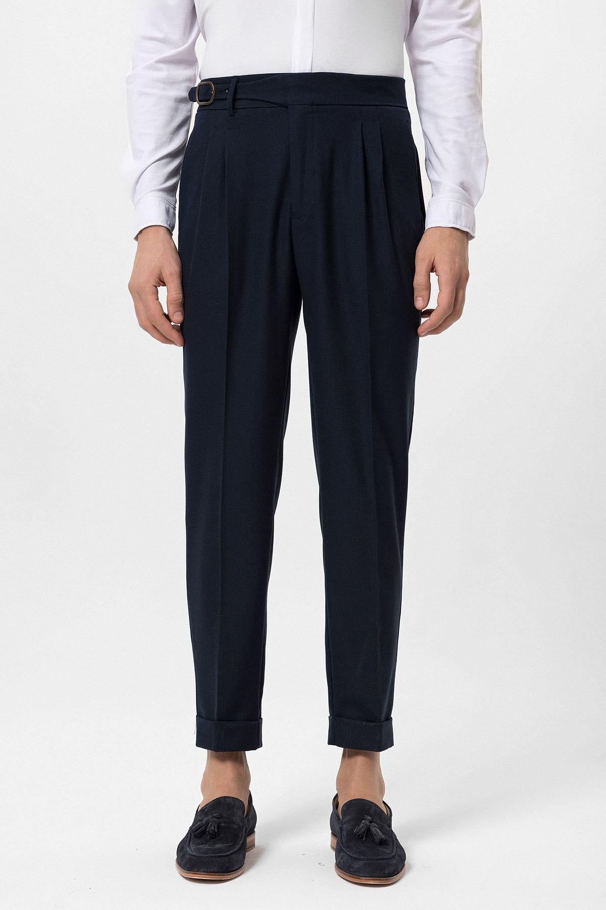 Men's Navy Blue High-Waisted Pleated Buckle Detail Pants