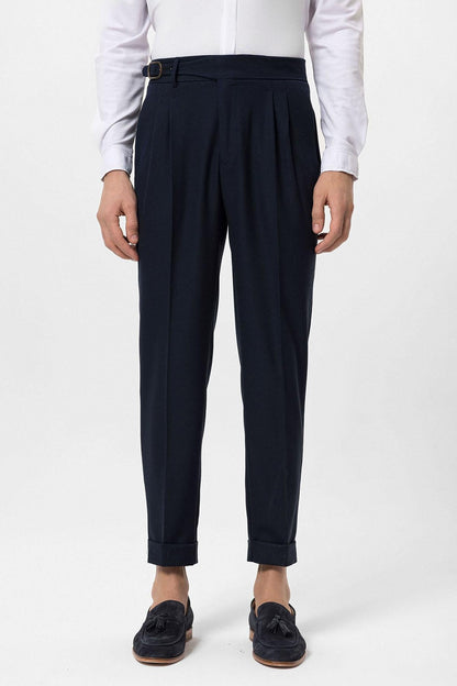 Men's Navy Blue High-Waisted Pleated Buckle Detail Pants