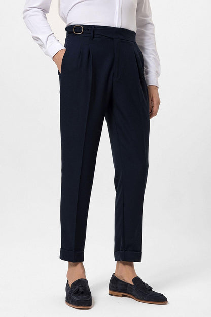 Men's Navy Blue High-Waisted Pleated Buckle Detail Pants