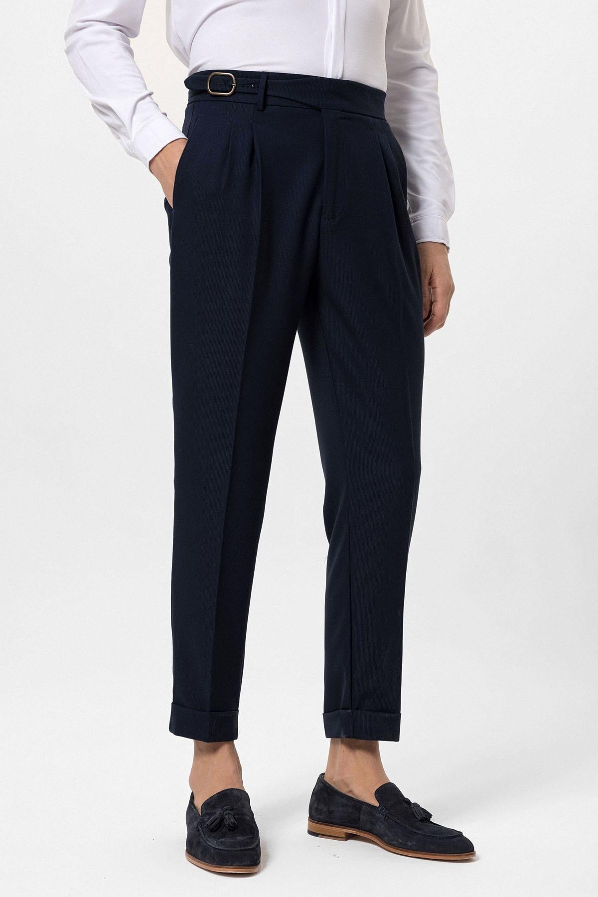 Men's Navy Blue High-Waisted Pleated Buckle Detail Pants