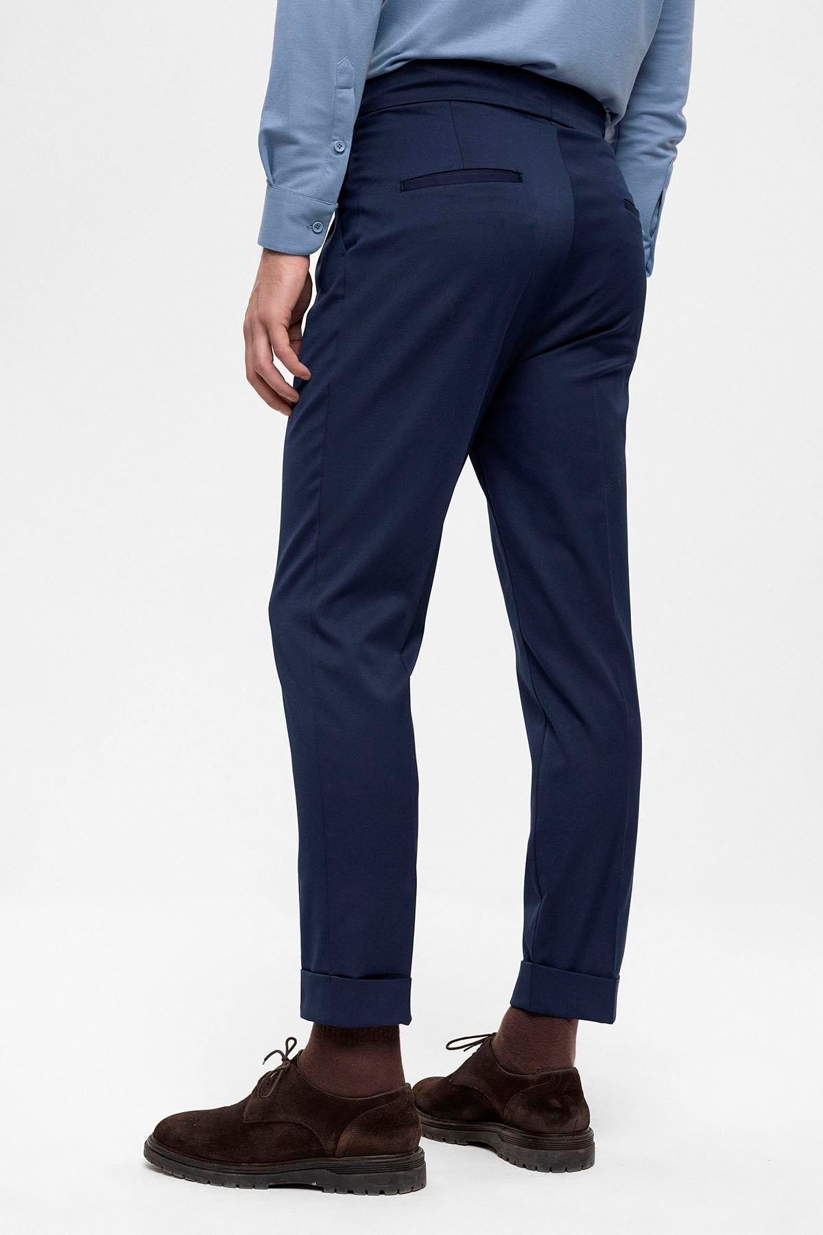 Men's Navy Blue High Waist Buckle Detailed Trousers