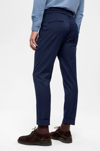 Men's Navy Blue High Waist Buckle Detailed Trousers