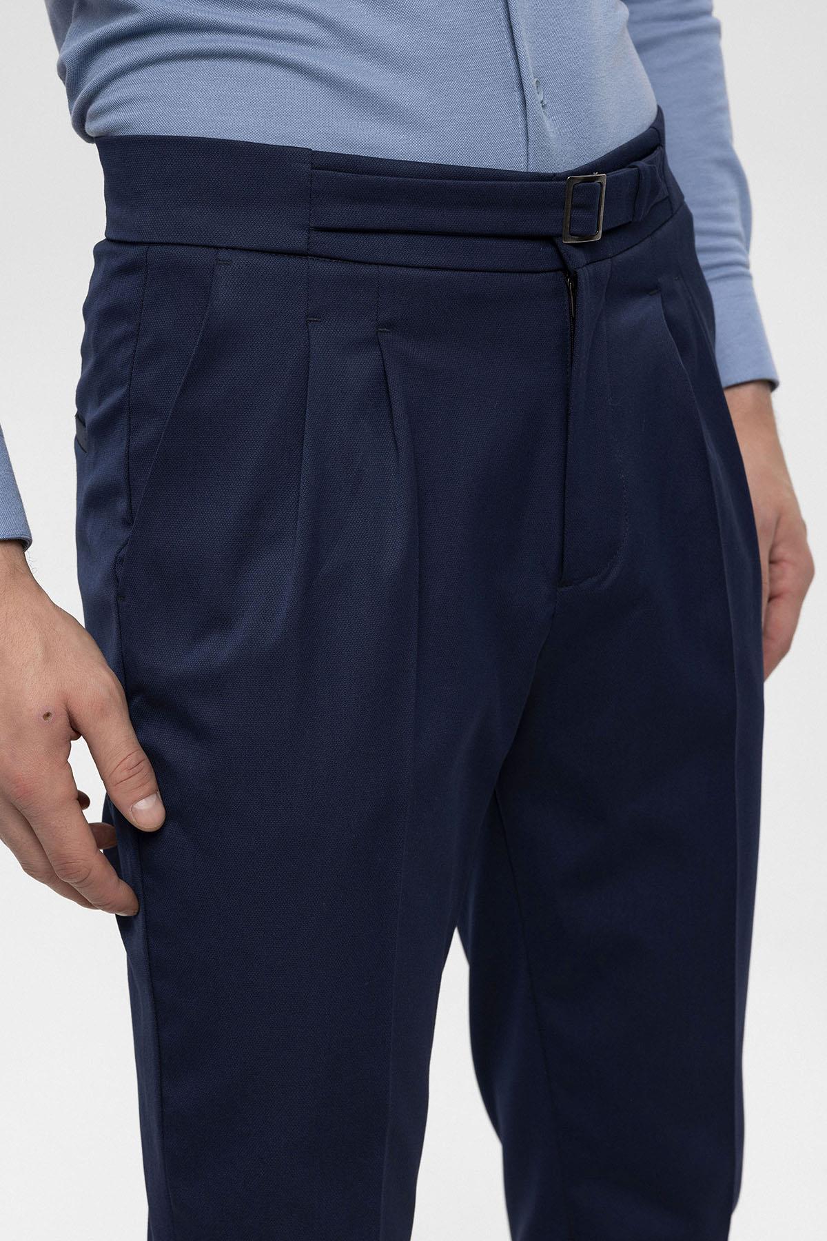 Men's Navy Blue High Waist Buckle Detailed Trousers