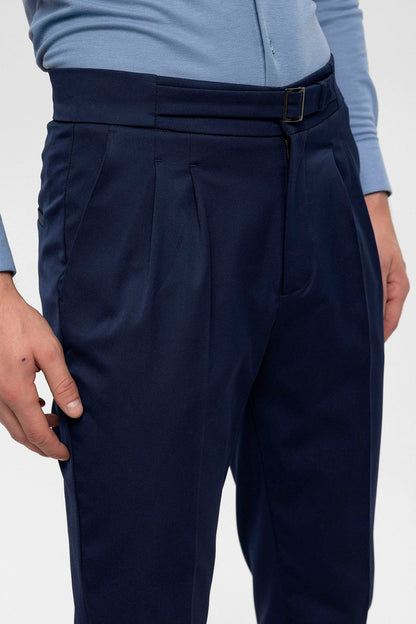 Men's Navy Blue High Waist Buckle Detailed Trousers