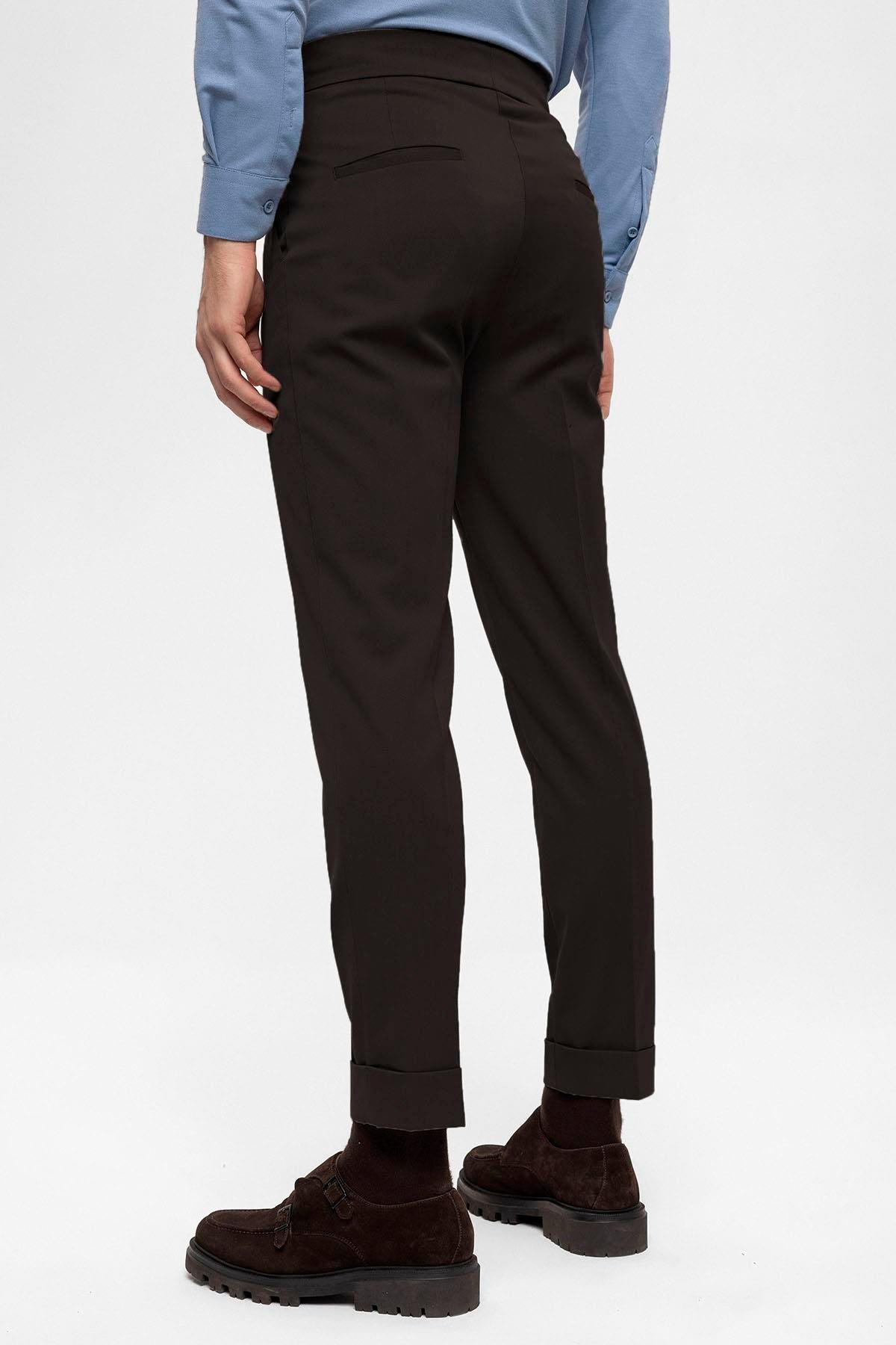 Men's Brown High Waist Buckle Detailed Trousers