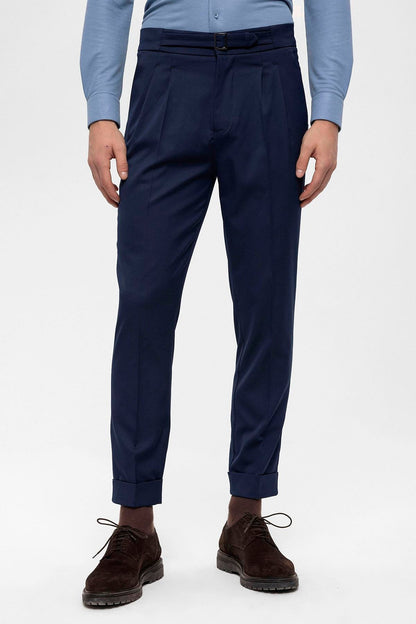 Men's Navy Blue High Waist Buckle Detailed Trousers