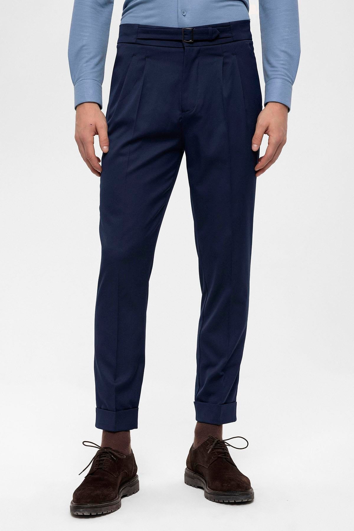Men's Navy Blue High Waist Buckle Detailed Trousers