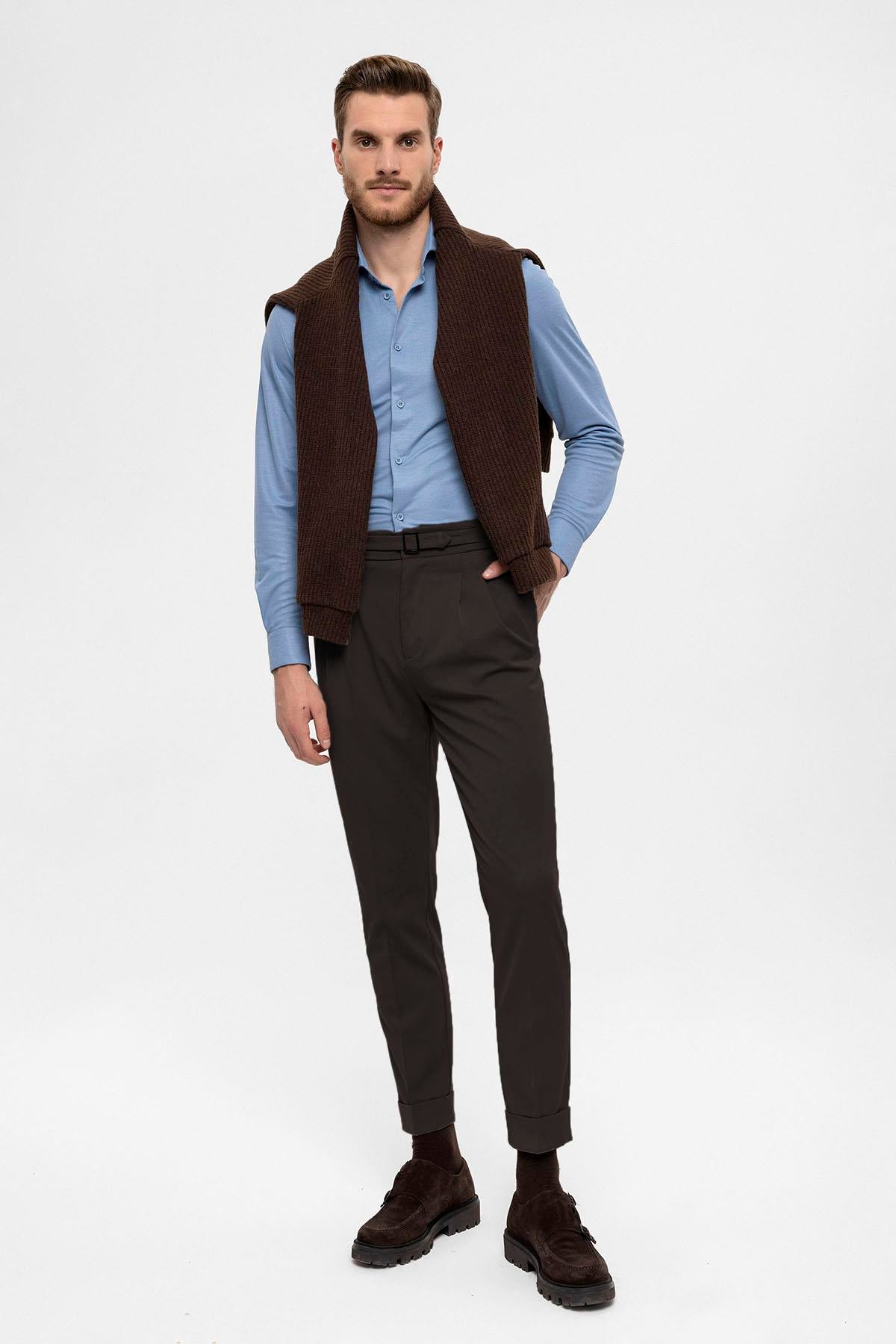 Men's Brown High Waist Buckle Detailed Trousers