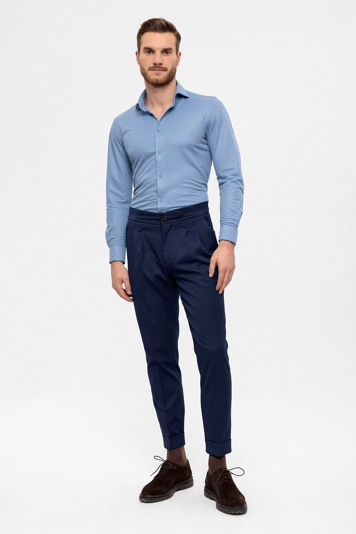 Men's Navy Blue High Waist Buckle Detailed Trousers
