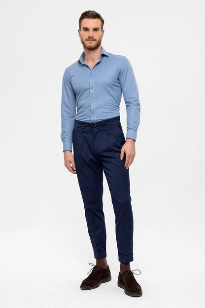 Men's Navy Blue High Waist Buckle Detailed Trousers