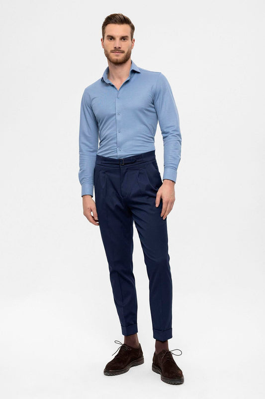 Men's Navy Blue High Waist Buckle Detailed Trousers