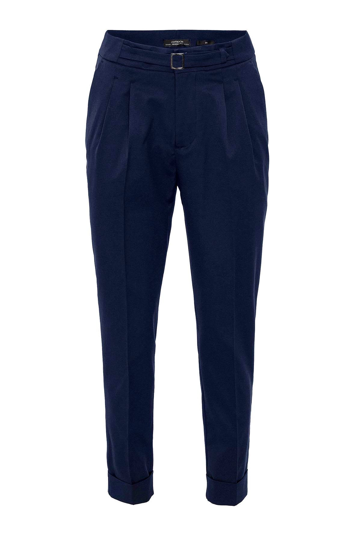 Men's Navy Blue High Waist Buckle Detailed Trousers