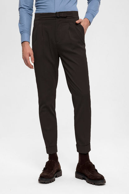 Men's Brown High Waist Buckle Detailed Trousers