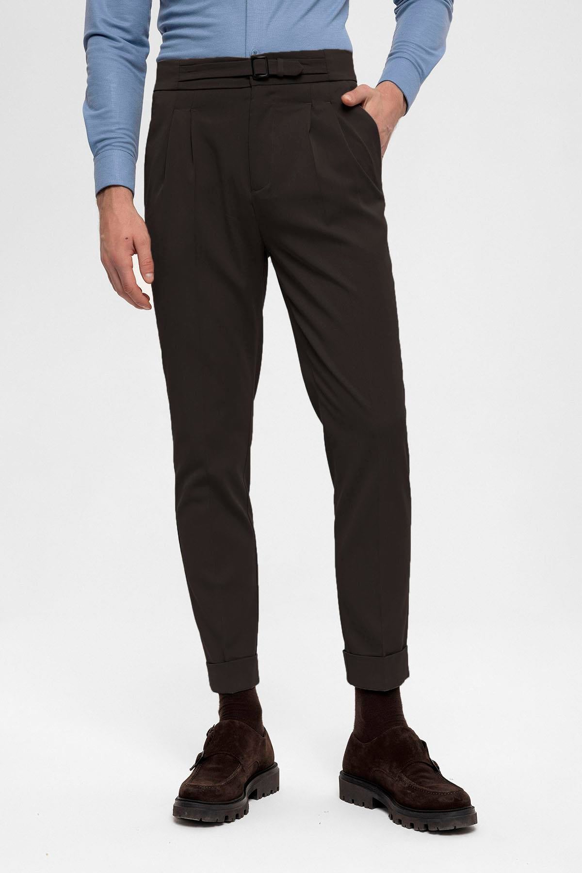 Men's Brown High Waist Buckle Detailed Trousers