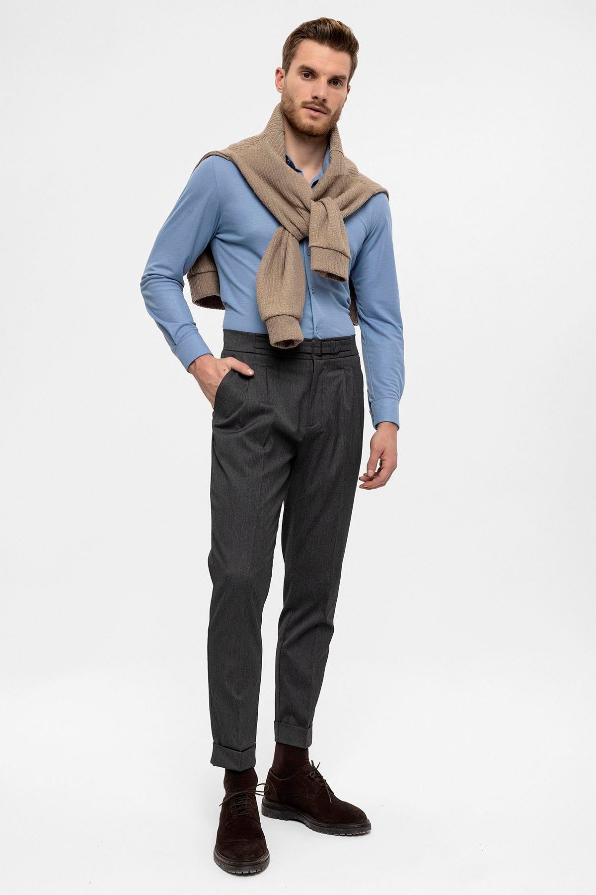 Men's Anthracite High Waist Buckle Detailed Trousers