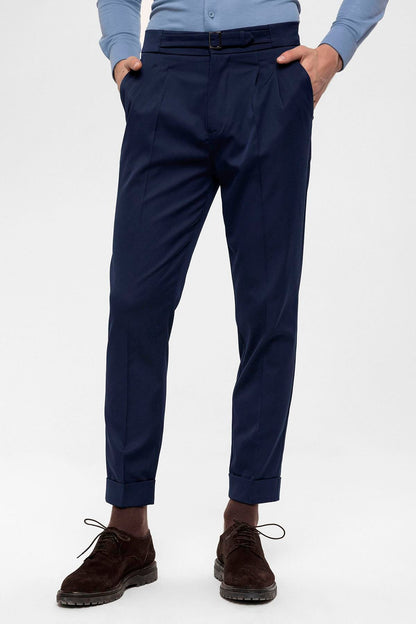 Men's Navy Blue High Waist Buckle Detailed Trousers