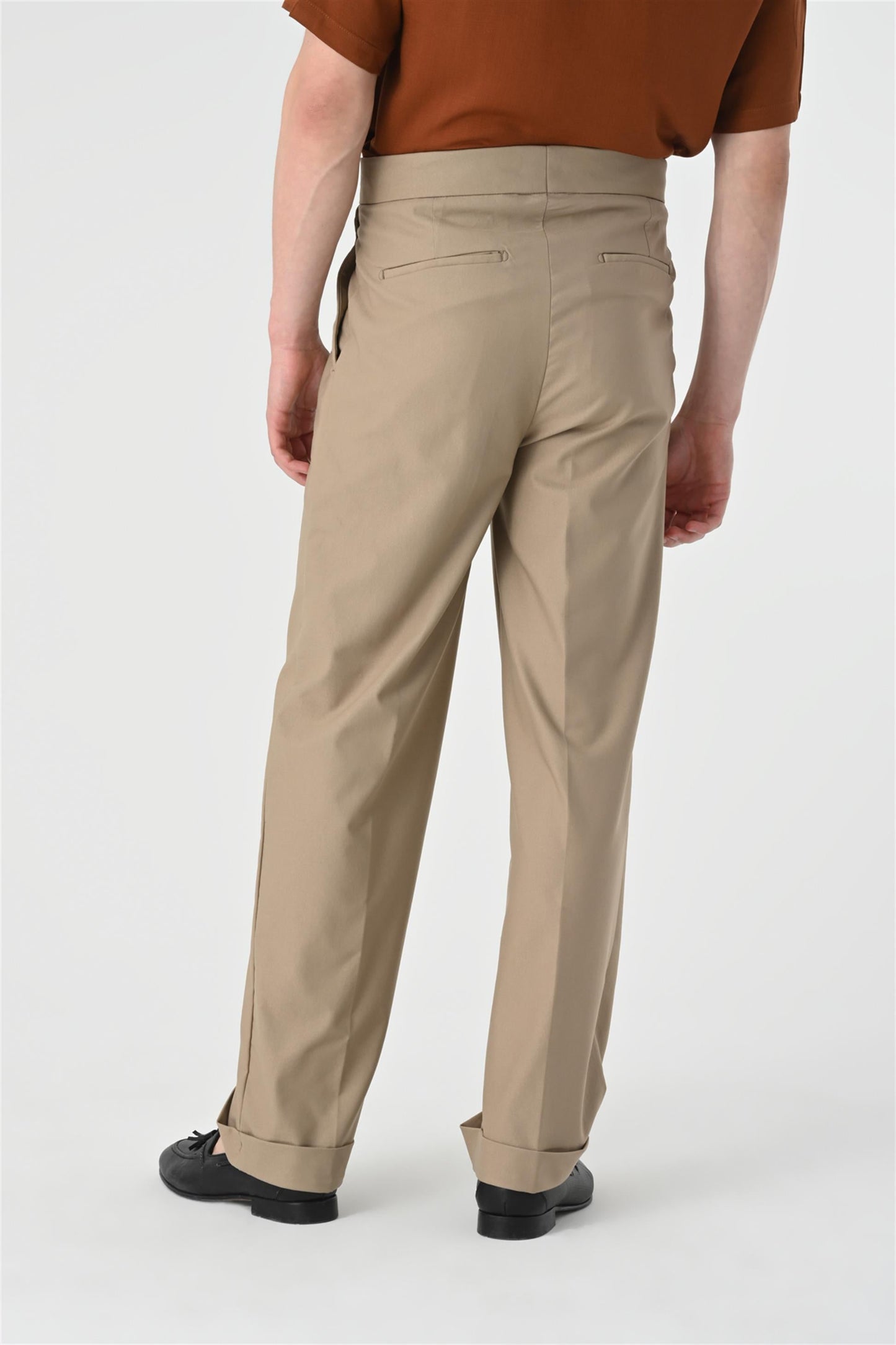 Men's Dark Beige High Waist Buckle Detail Pleated Trousers