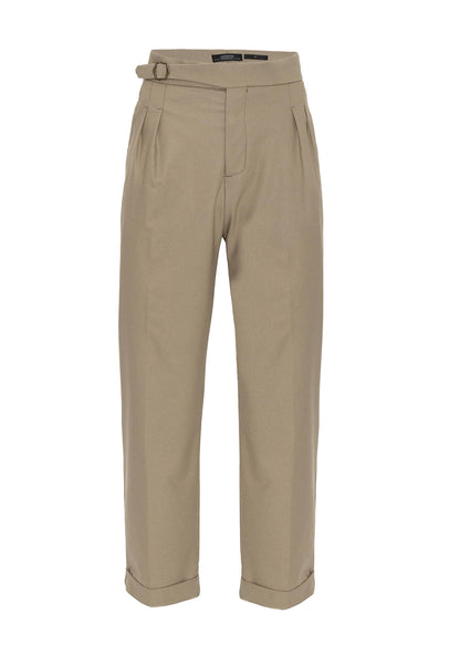 Men's Dark Beige High Waist Buckle Detail Pleated Trousers