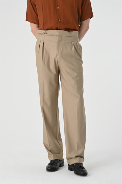 Men's Dark Beige High Waist Buckle Detail Pleated Trousers