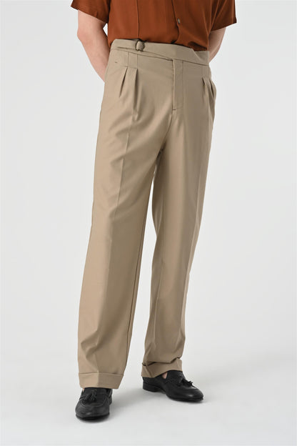 Men's Dark Beige High Waist Buckle Detail Pleated Trousers