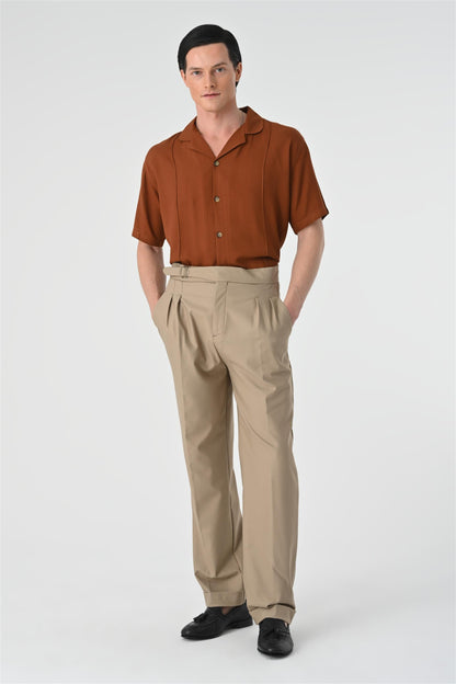 Men's Dark Beige High Waist Buckle Detail Pleated Trousers