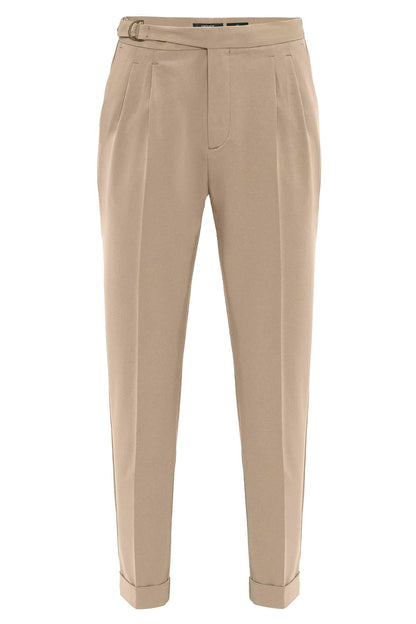Men's Beige High-Waisted Belted Pleated Pants