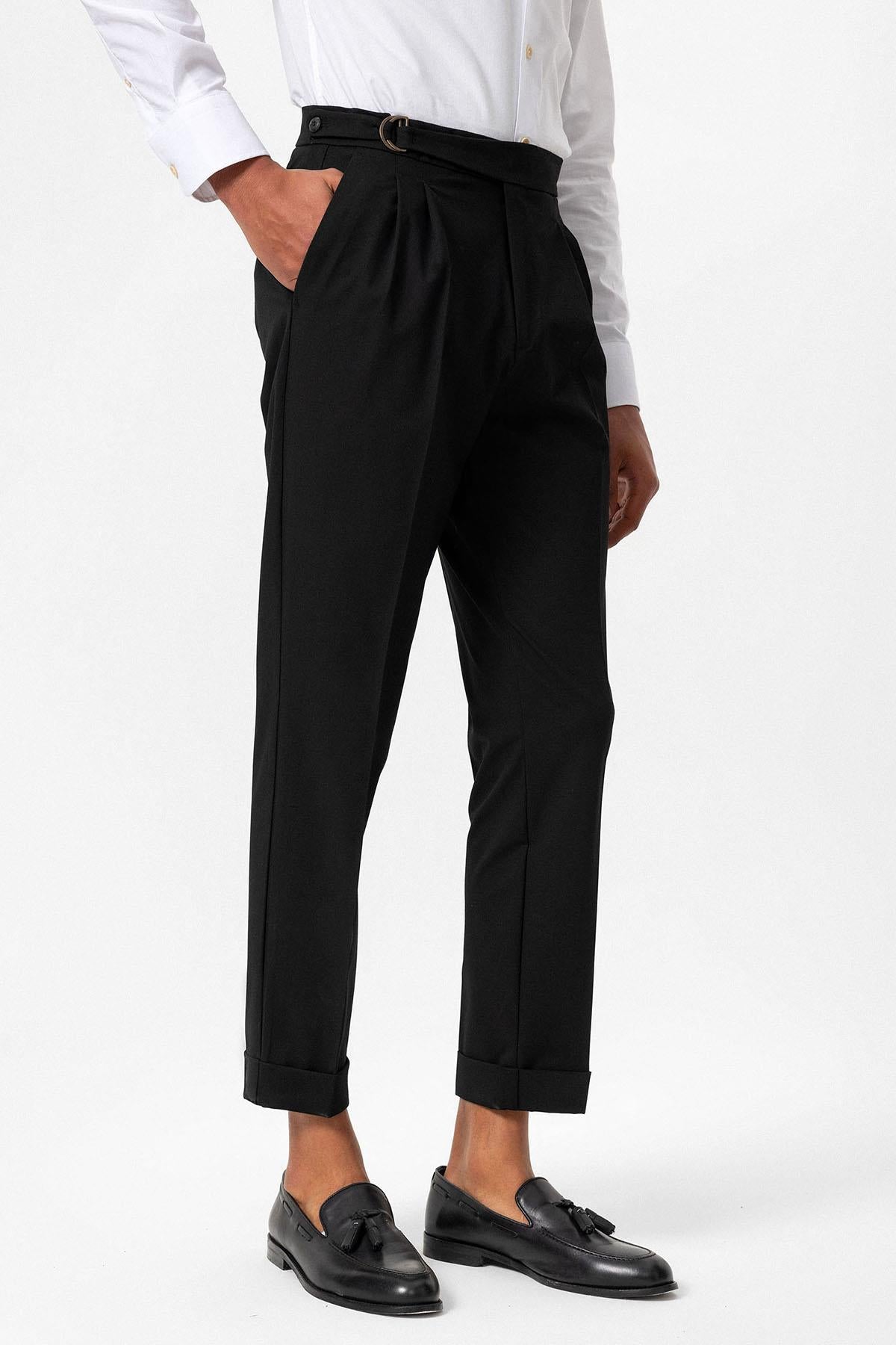 Men's Black High-Waisted Belted Pleated Pants