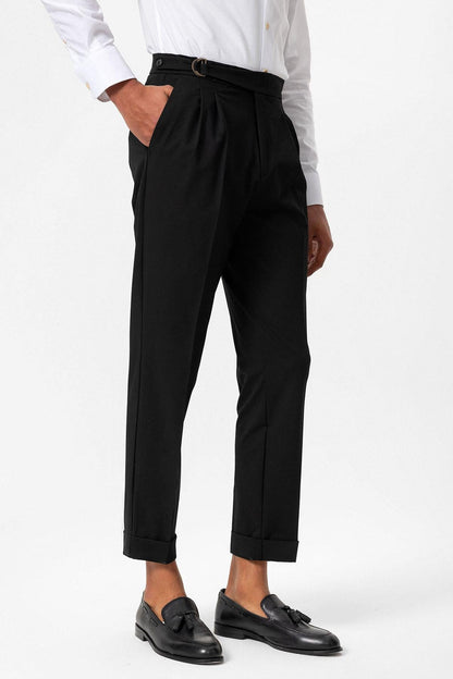 Men's Black High-Waisted Belted Pleated Pants