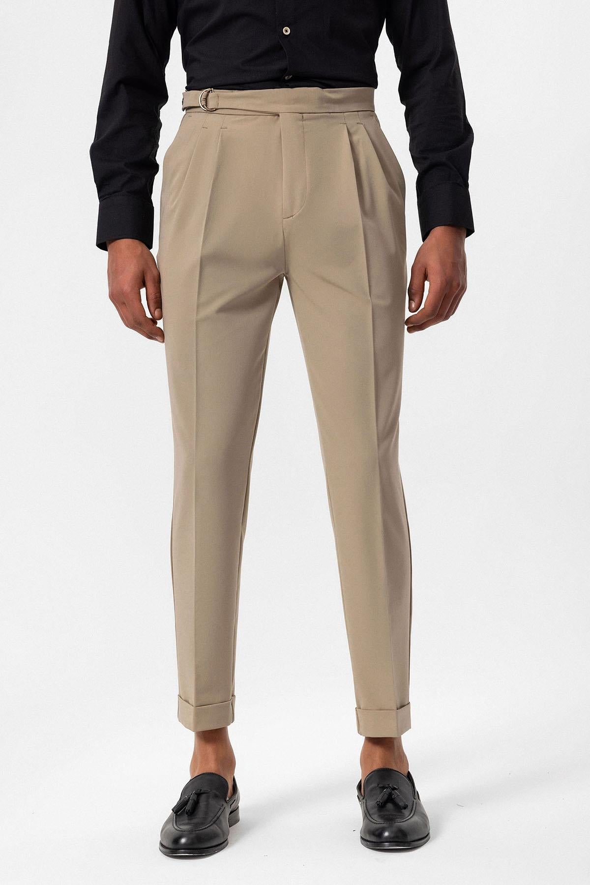 Men's Beige High-Waisted Belted Pleated Pants
