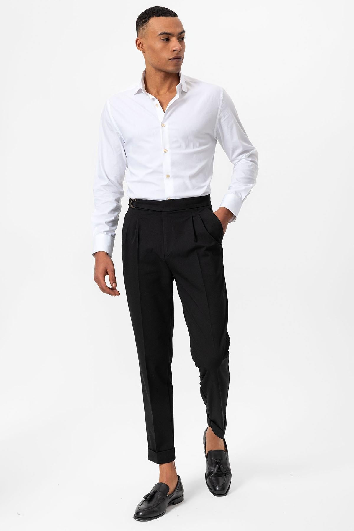 Men's Black High-Waisted Belted Pleated Pants
