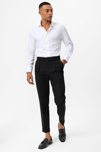 Men's Black High-Waisted Belted Pleated Pants
