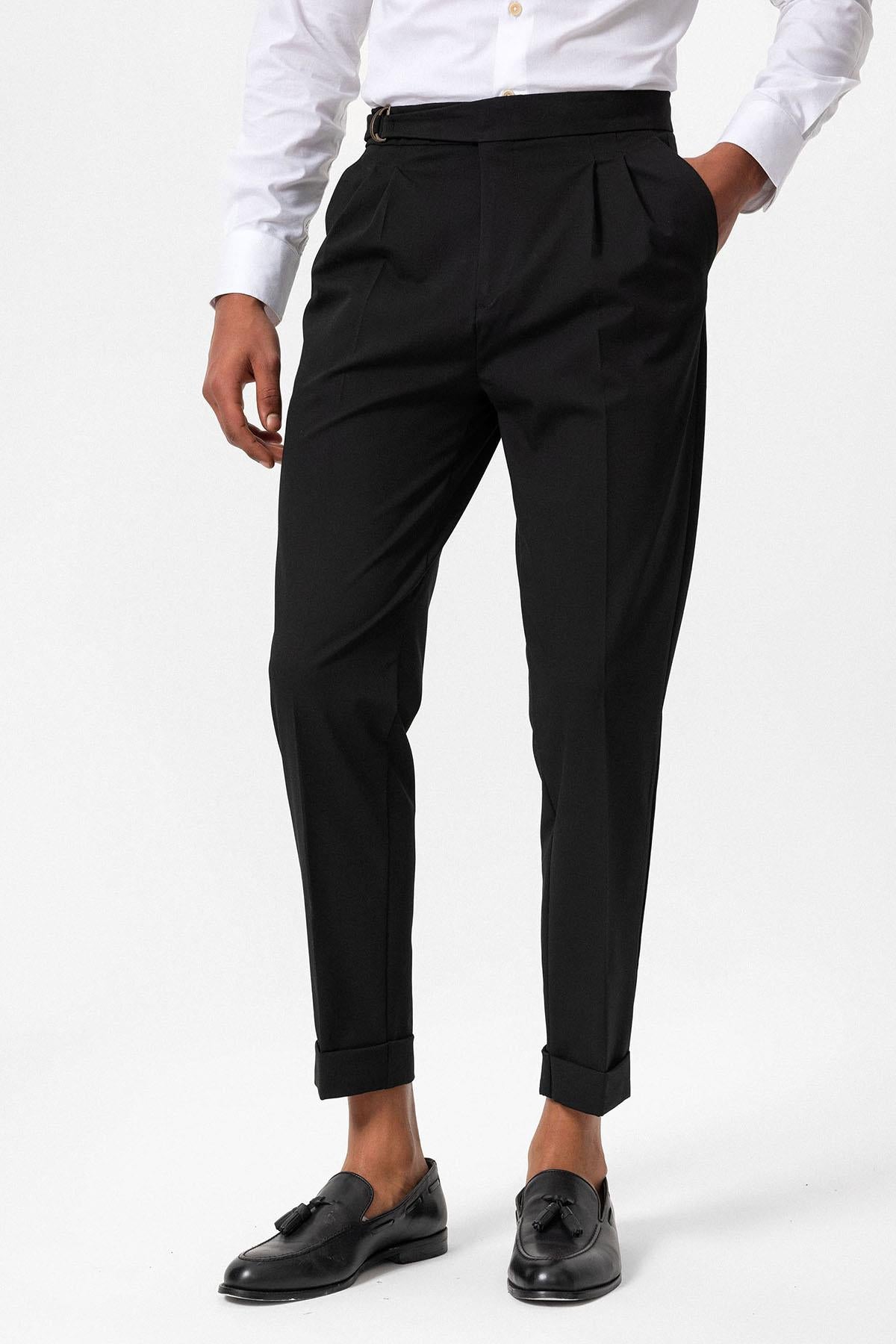 Men's Black High-Waisted Belted Pleated Pants
