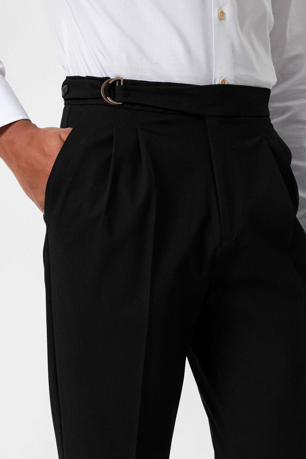 Men's Black High-Waisted Belted Pleated Pants