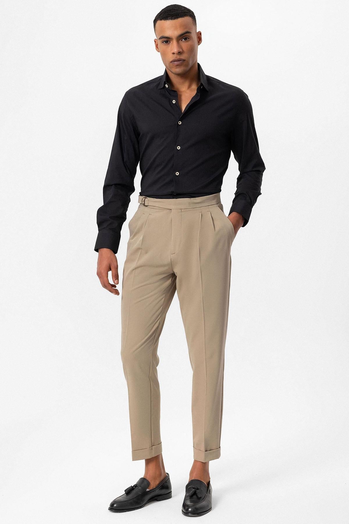 Men's Beige High-Waisted Belted Pleated Pants