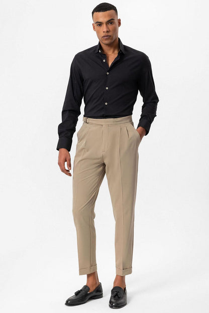 Men's Beige High-Waisted Belted Pleated Pants