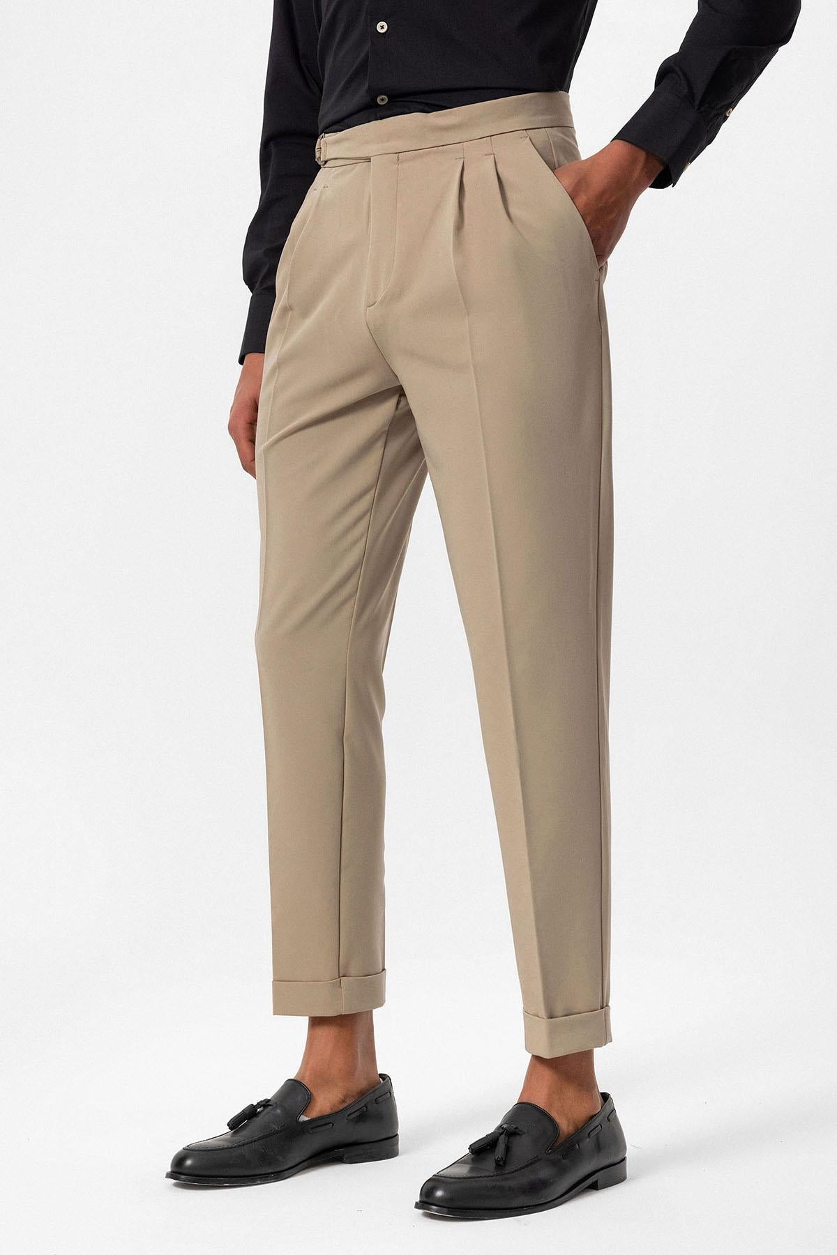 Men's Beige High-Waisted Belted Pleated Pants