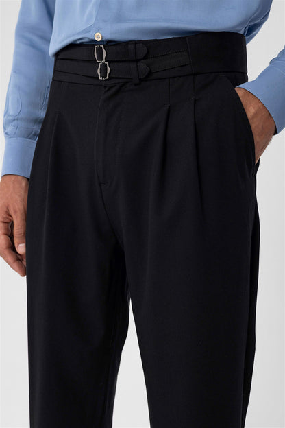 Men's Black High Waist Buckle Belt Pleated Fabric Trousers