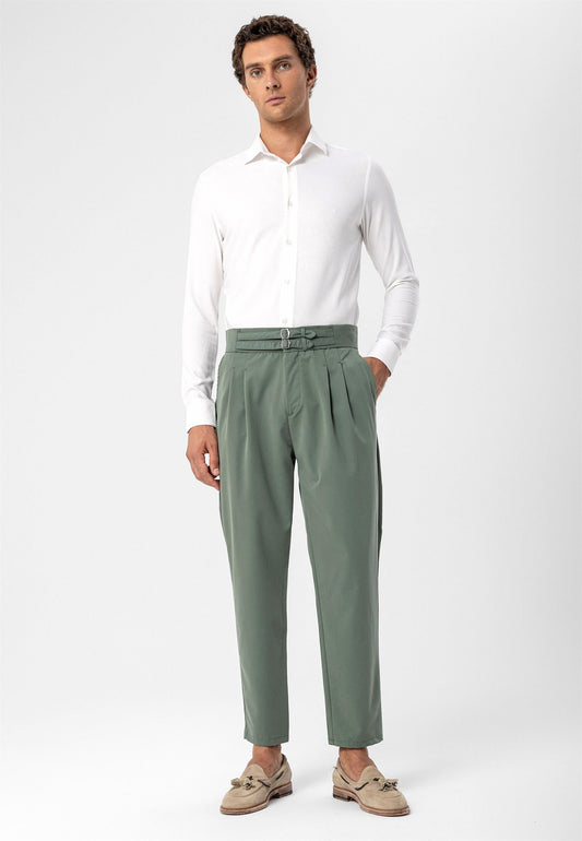 Men's Green High Waist Buckle Belt Pleated Fabric Trousers