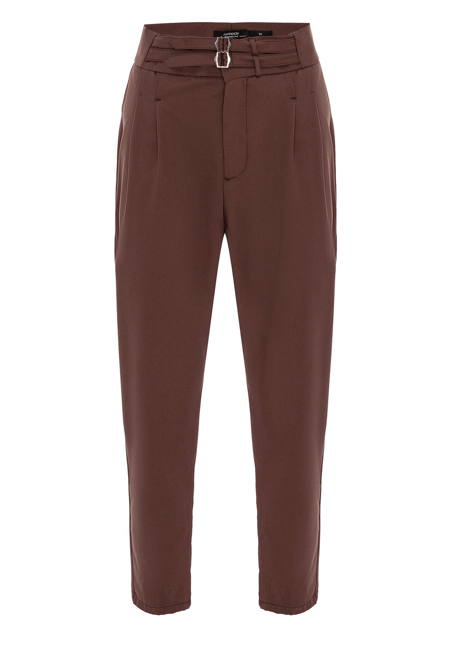 Men's Brown High Waist Buckle Belt Pleated Fabric Trousers