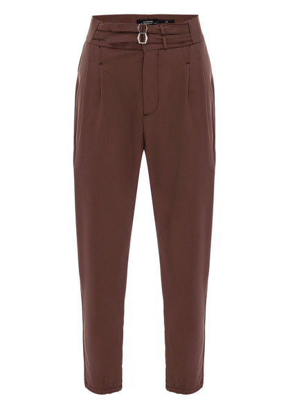 Men's Brown High Waist Buckle Belt Pleated Fabric Trousers