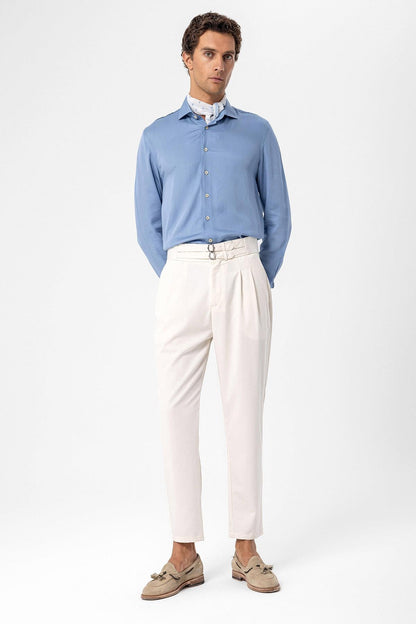 Men's Ecru High Waist Buckle Belt Pleated Fabric Trousers