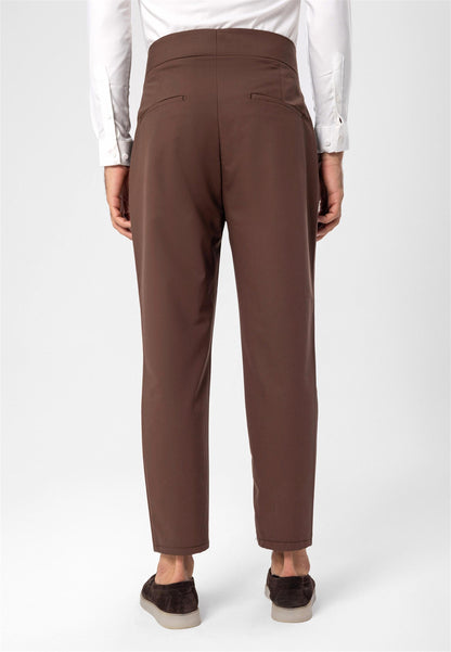 Men's Brown High Waist Buckle Belt Pleated Fabric Trousers