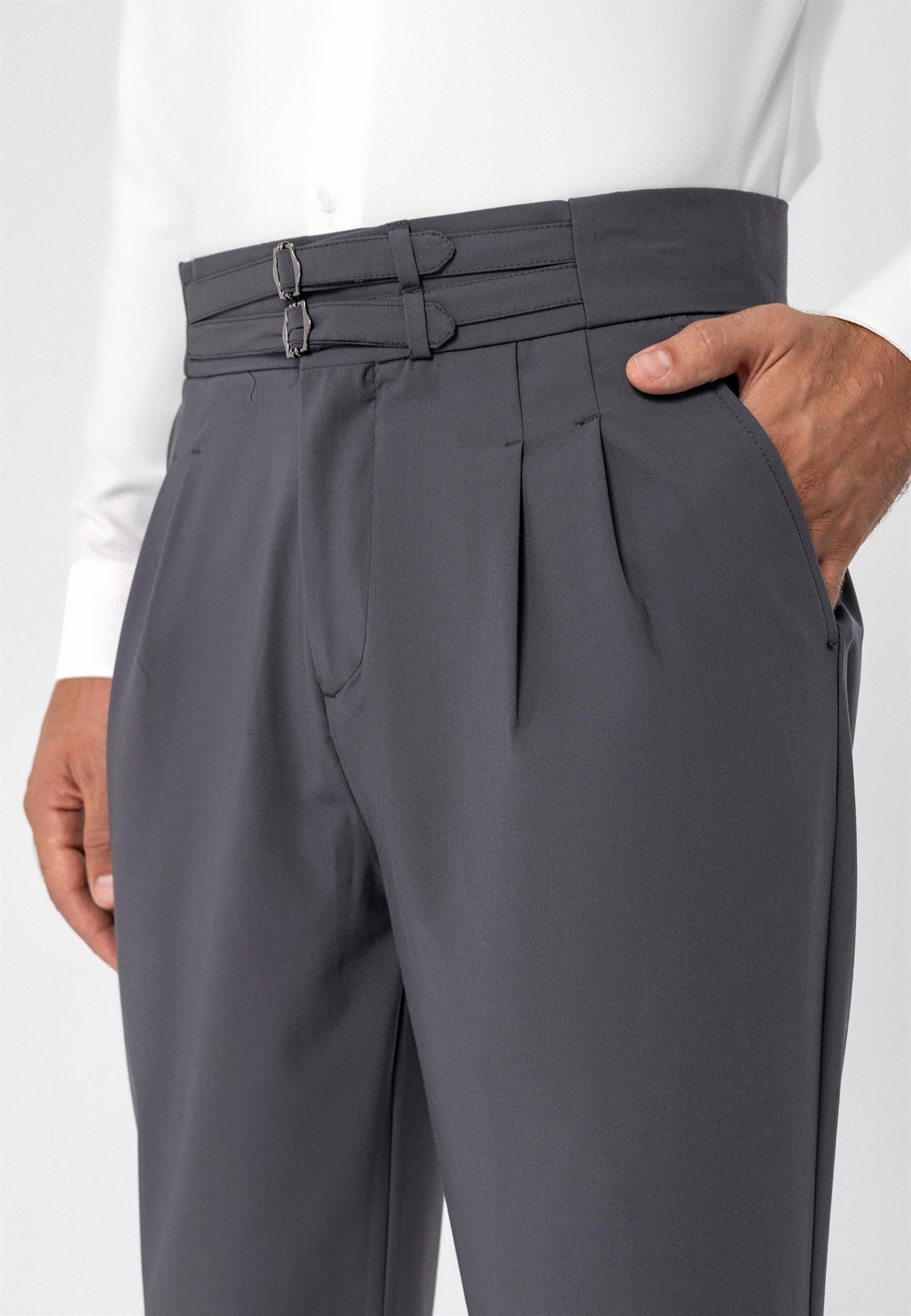 Men's Dark Grey High Waist Buckle Belt Pleated Fabric Trousers
