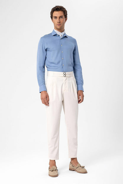 Men's Ecru High Waist Buckle Belt Pleated Fabric Trousers