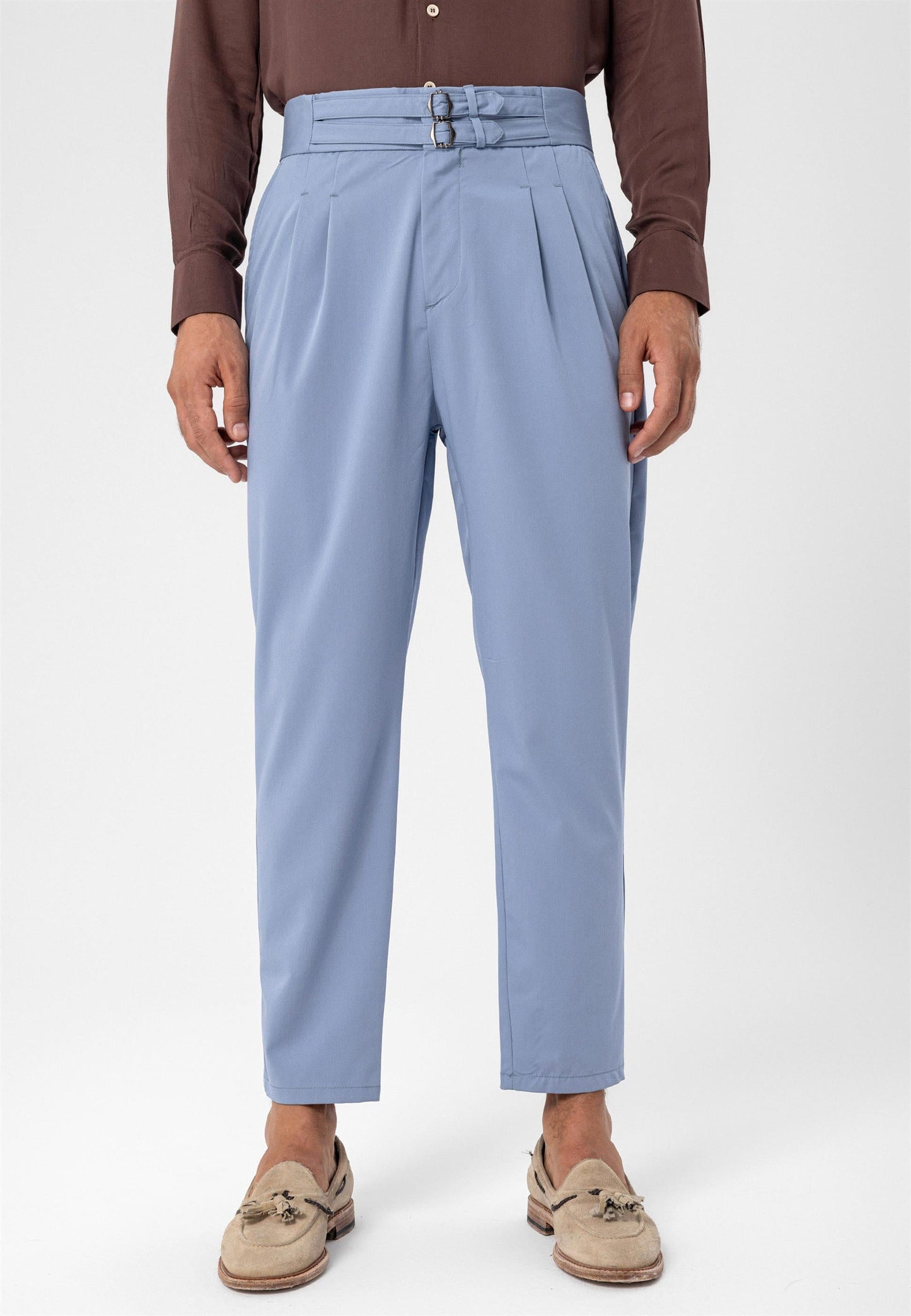 Men's Light Blue High Waist Buckle Belt Pleated Fabric Trousers