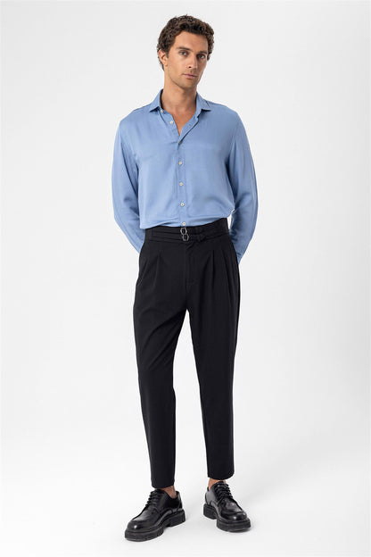 Men's Black High Waist Buckle Belt Pleated Fabric Trousers