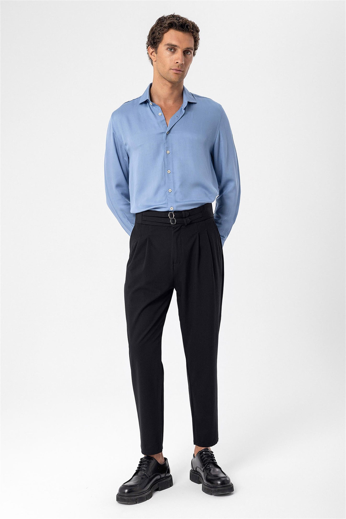 Men's Black High Waist Buckle Belt Pleated Fabric Trousers