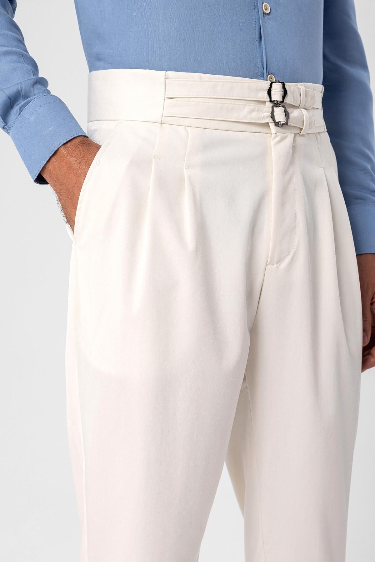 Men's Ecru High Waist Buckle Belt Pleated Fabric Trousers