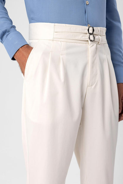 Men's Ecru High Waist Buckle Belt Pleated Fabric Trousers