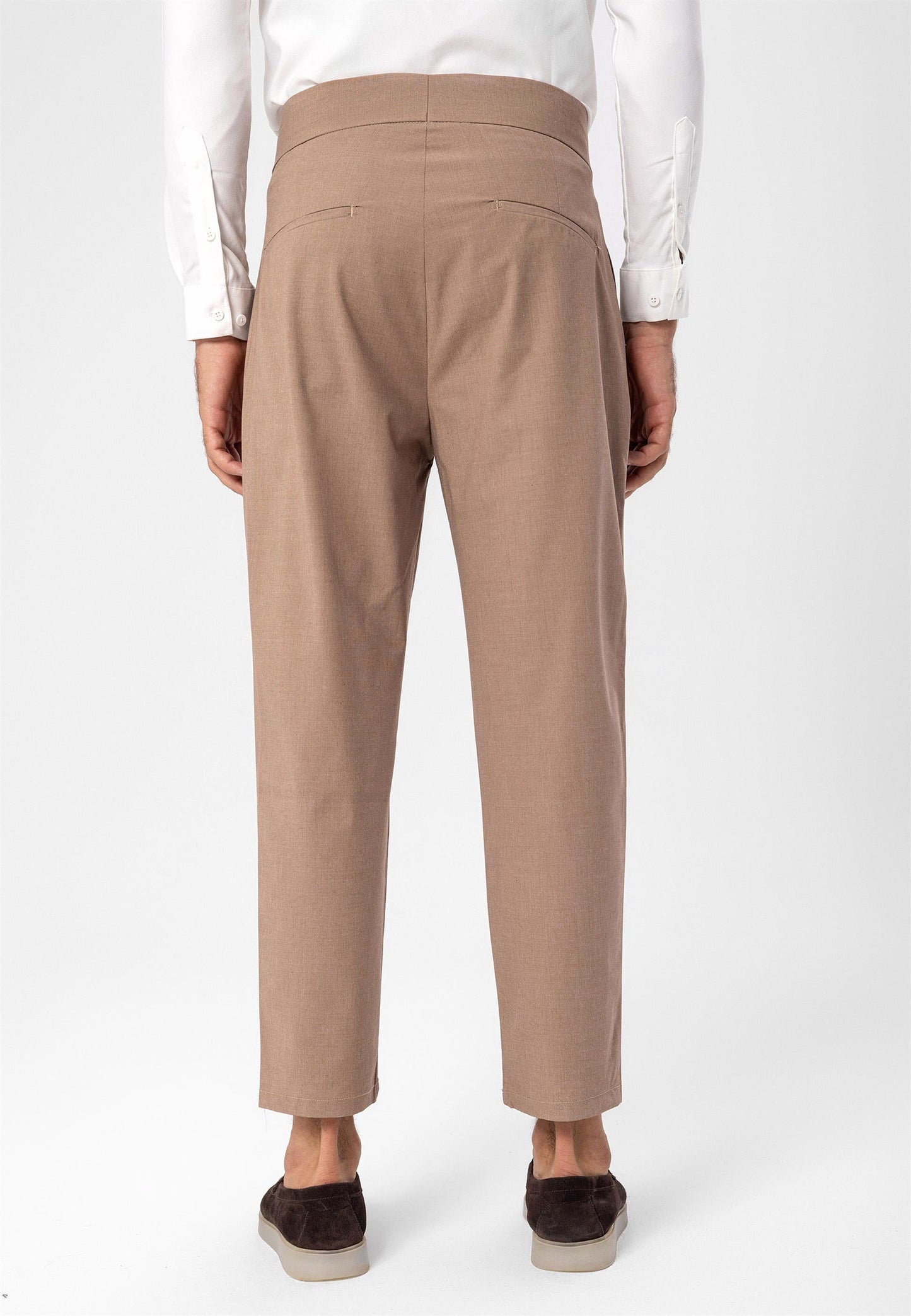 Men's Light Brown High Waist Buckle Belt Pleated Fabric Trousers